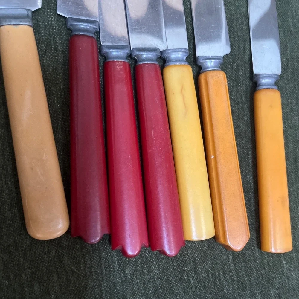 Vtg Mixed Lot Bakelite Flatware Butterscotch Yellow Cherry Red 15Pc MCM Art Deco